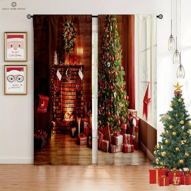 Yiran Furniture Weihnachtsfenstervorhänge Set aus Polyester, halbtransparent, Mehrfarbig, B: 50 cm, H: 130 cm, 2 Stück mit Ösen - Bild 1