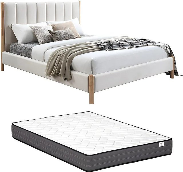 Vente-unique Polsterbett aus Samt in Elfenbein und Beige, B/T/H: 160 x 200 cm - Bild 1