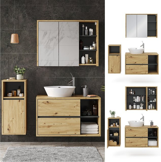 Vicco Badmöbelset Viola in Eiche und Anthrazit, 3-teiliges modernes Badezimmer-Set bestehend aus Spiegelschrank, Waschtischunterschrank und Midischrank - Bild 1