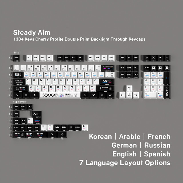 Eagiacme PBT Cherry Tastenkappen für mechanische Tastaturen in Schwarz und Weiß mit ISO FR DE ES Layout und seitlicher Hintergrundbeleuchtung - Bild 1