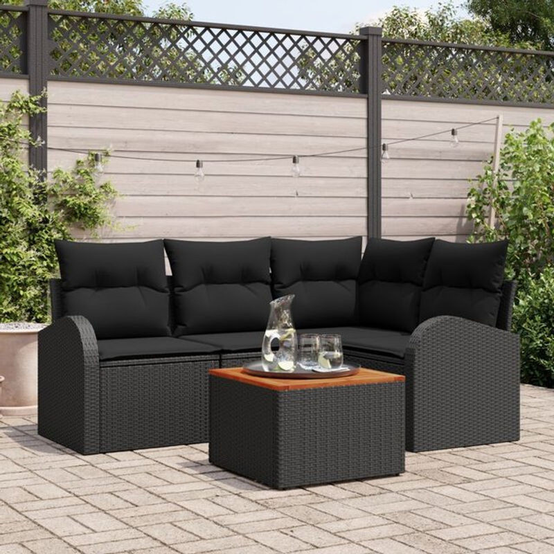 5-teiliges Garten-Sofa-Set aus schwarzem Polyrattan und Akazienholz mit Kissen von vidaxl - Bild 1