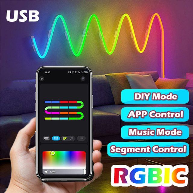 Acosh RGBIC Neon LED Streifen mit Bluetooth, USB-Anschluss und Musik-Sync, flexibles Dreamcolor Chasing Lichtseil - Bild 1