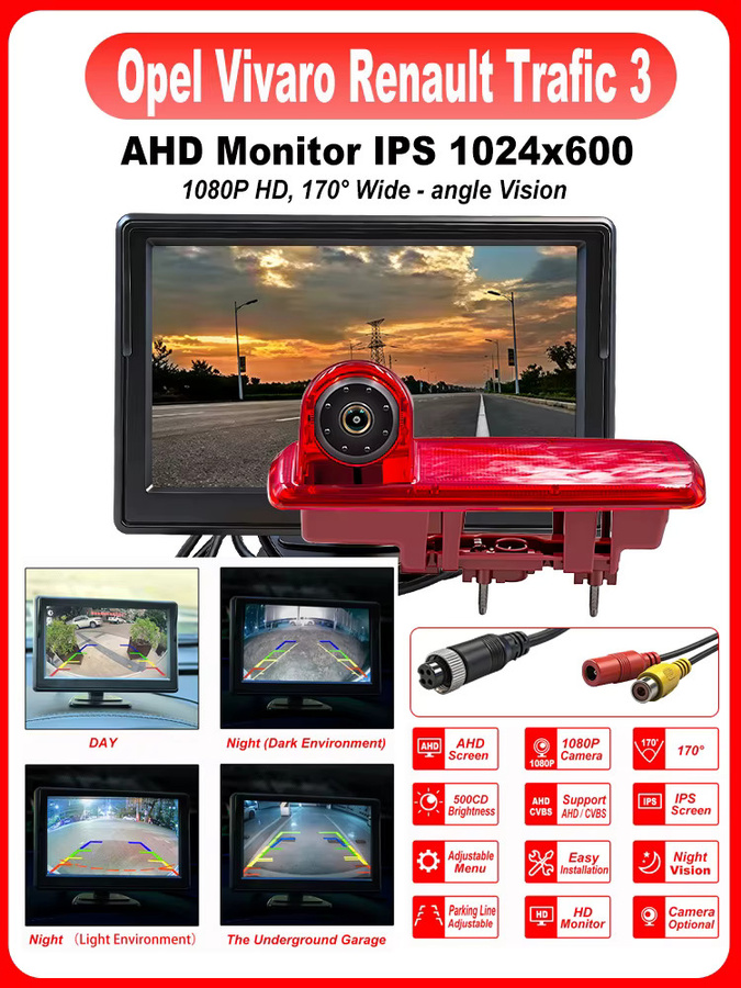 CAMARATRASERA Rückfahrkamera-Set mit 5 Zoll AHD IPS Monitor und Bremslicht-Rückfahrkamera in Schwarz, 1080P Nachtsicht und 170 Grad Sichtfeld für Renault Trafic 3 und Opel Vivaro - Bild 7