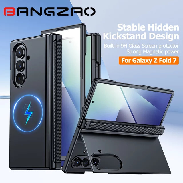 BANGZAO Handyhülle für Galaxy Z Fold 7 in Schwarz mit MagSafe, Scharnierschutz, Displayschutzfolie und integriertem Ständer - Bild 1