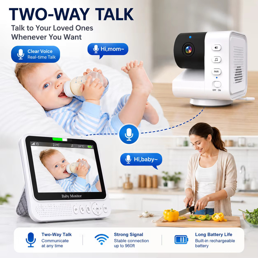 Aurovue Video-Babyphone mit 7,0 Zoll Display, PTZ-Kamera mit Schwenk-Neige-Funktion und 4-fach Zoom, Nachtsicht, Zwei-Wege-Audio und VOX-Aktivierung, Weiß - Bild 2