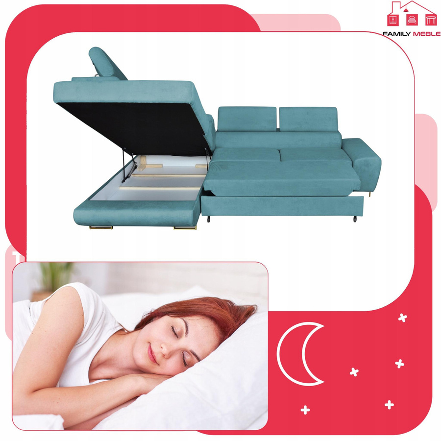 Ausziehbares Ecksofabett von Family Meble in Blau aus Samt mit linksseitiger Ausrichtung - Bild 3