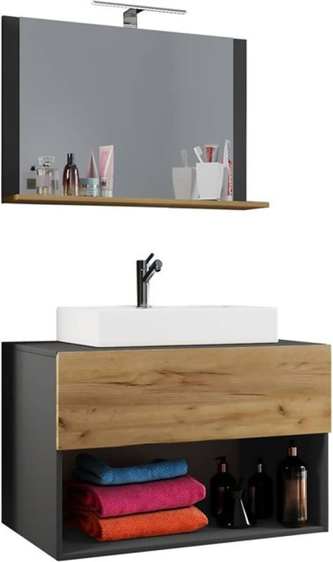 VCM Badmöbel Set Lendas II 3-tlg. in Eiche Honig Nachbildung und Anthrazit mit Unterschrank, Waschbecken und Spiegel, B/H/T: 80 x 107 x 52 cm - Bild 2