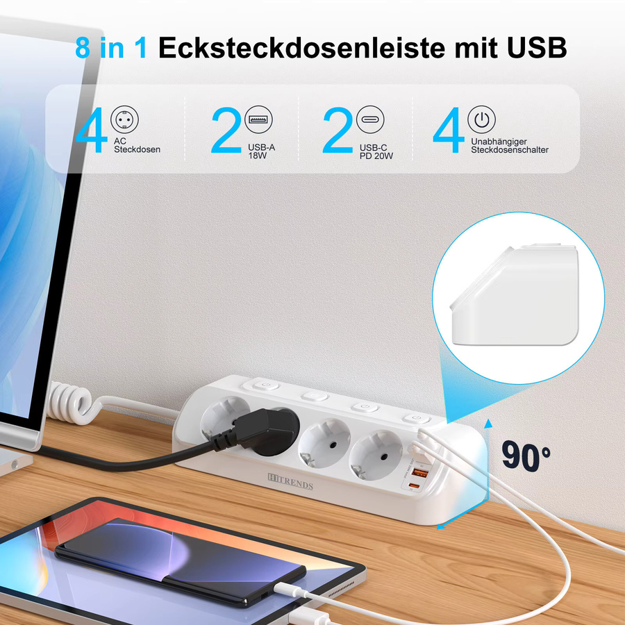 HITRENDS 8-in-1 Multifunktionale Ecksteckdosenleiste in Weiß mit 4 AC-Steckplätzen, 2 USB-A und 2 USB-C Anschlüssen für Schnellladung, geeignet für Tisch- und Wandmontage - Bild 2