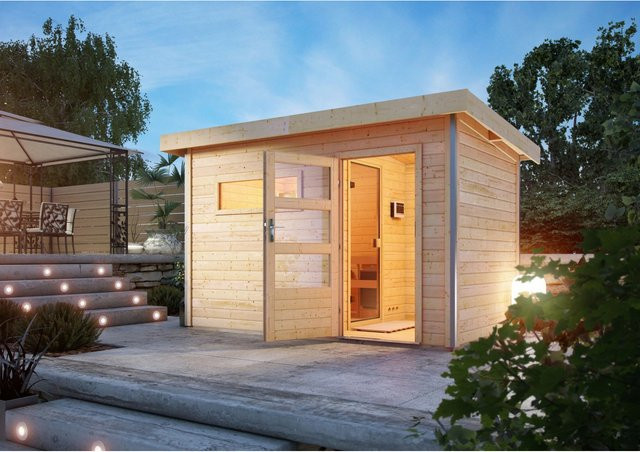 Karibu Saunahaus Hendrik 3 aus Fichte in Beige mit 9kW Bio-Ofen und externer Steuerung - Bild 1