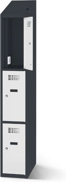 rotstahl Fächerschrank mit Ladefunktion und 3 Fächern aus Stahlblech, anthrazitgrauer Korpus und hellgraue Türen, B: 30 cm, H: 200 cm - Bild 1