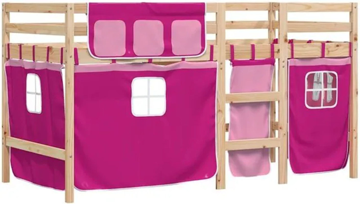 vidaxl Kinderhochbett aus Massivholz Kiefer mit Vorhängen in Rosa, B/L: 90 x 190 cm, Landhaus und Skandinavisch Stil - Bild 1