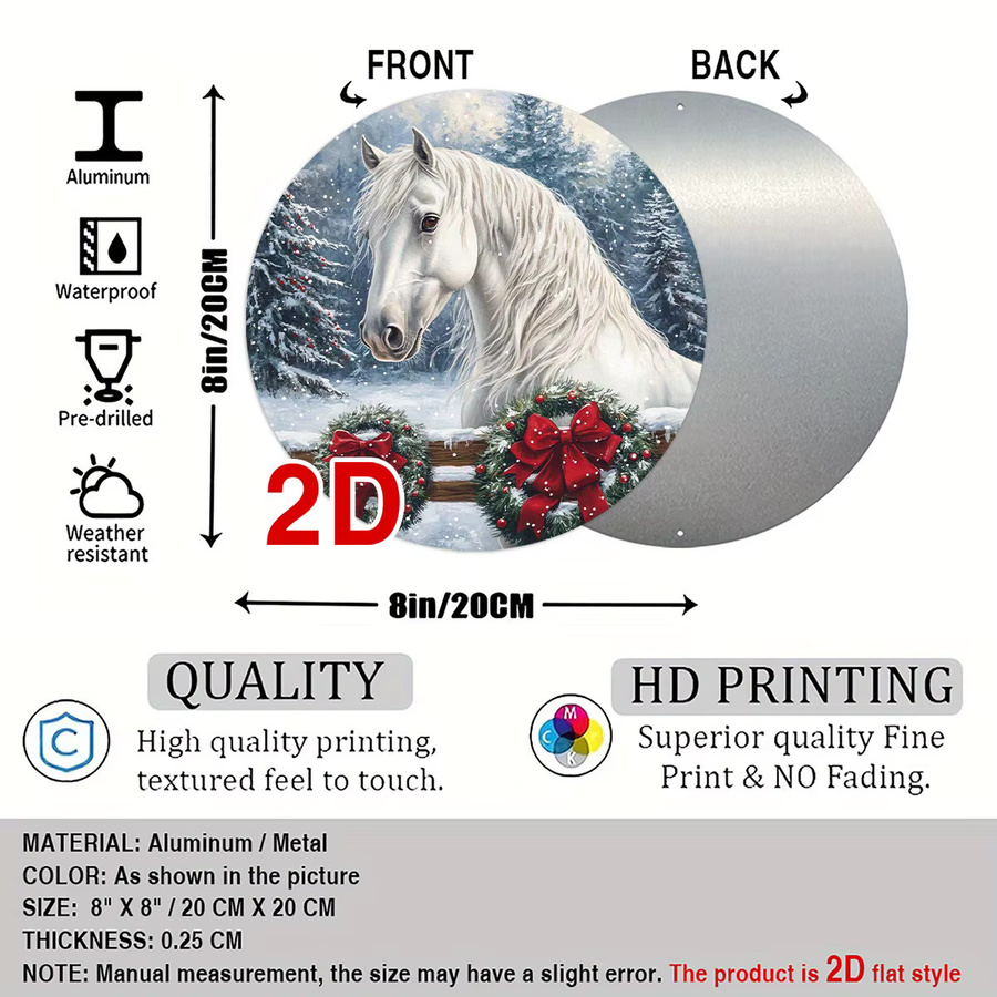 Potdemiel Rundes Aluminium-Wandkunstschild Vintage Weißes Pferd im Schnee mit Weihnachtskranz, Durchmesser: 20,3 cm - Bild 3