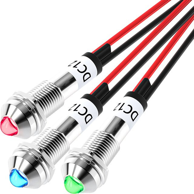 Daiertek LED-Anzeigeleuchte für Armaturenbrett, 12 V DC, wasserdichtes Metall-Licht mit Drahtleitungen, Durchmesser: 8 mm, Farben: Rot, Blau, Grün - Bild 1