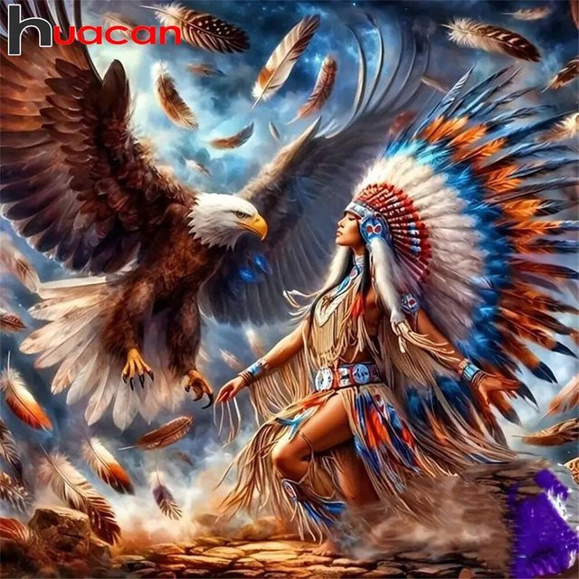 Huacan 5D-Diamantgemälde Mädchenporträt und Adlertier als rundes Diamantmosaik zur Heimdekoration - Bild 1