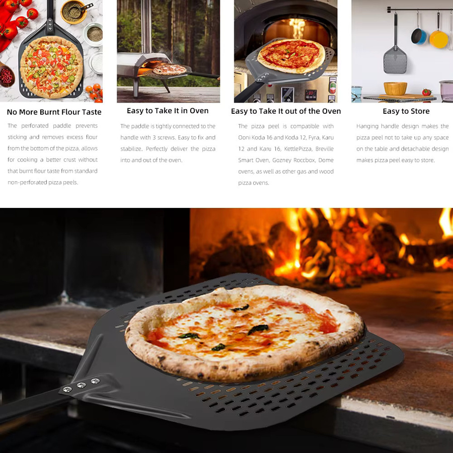 HEXINGYUAN Pizzaschaufel mit kurzem Griff und Perforation, Antihaft-Pizzawender für den Backofen, 25,4 cm - Bild 3