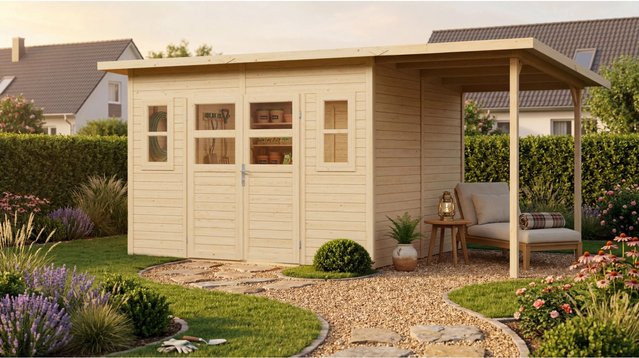 Bertilo Holz-Gartenhaus Felix 4 PLUS XL in Natural mit Flachdach und Elementbauweise - Bild 1