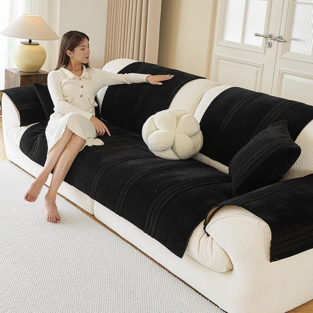 Chenille Sofaüberwurf mit Streifen in Schwarz, rutschfest und staubdicht, B/B: 70 x 70 cm - Bild 1