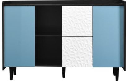 MUVOE Aufbewahrungsschrank in Schwarz und Blau mit glänzenden Türen, zwei Schubladen und zwei offenen Fächern - Bild 1