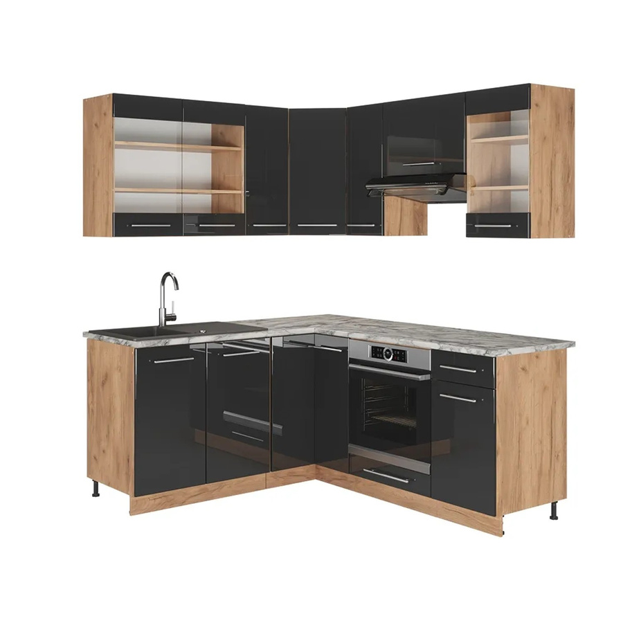 Vicco Fame-Line Eckküche in Anthrazit Hochglanz und Goldkraft Eiche mit Marmor-Optik, B/T/H: 160 x 190 cm - Bild 2