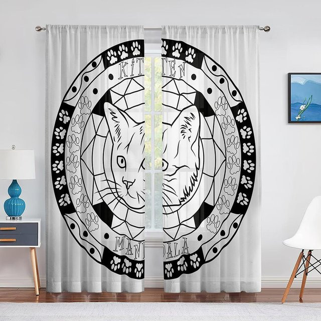 Transparenter Voile-Vorhang von Super Six mit gelbem Mandala-Blumenmuster und Geometriemuster, Material Chiffon, Breite: 100 cm, Höhe: 250 cm - Bild 1
