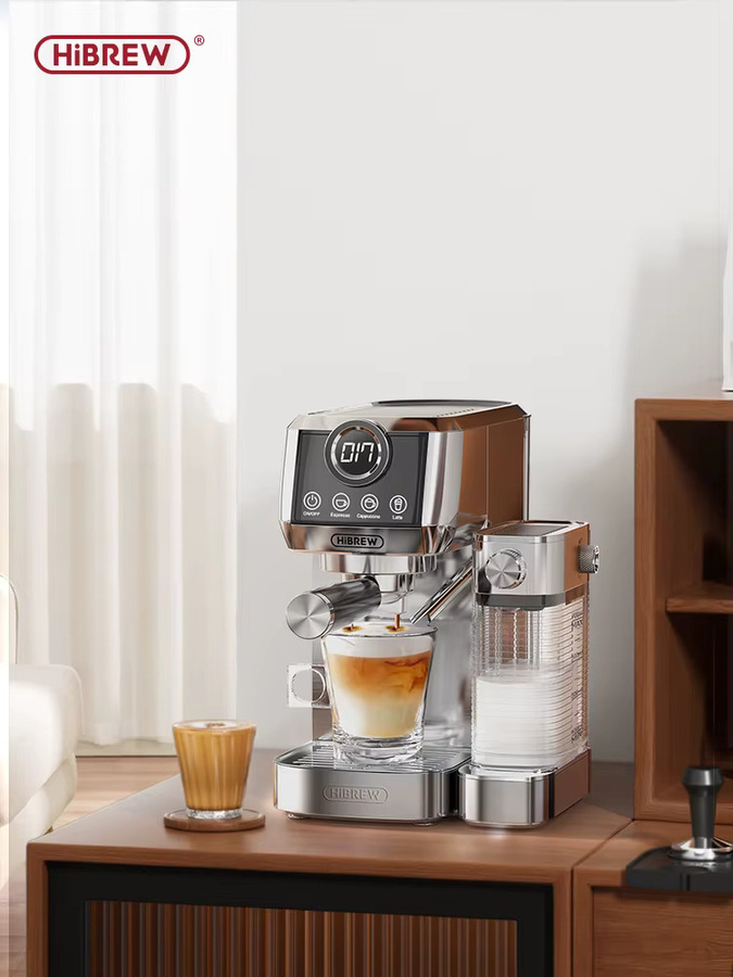 HiBREW H13A Halbautomatische Espresso-Cappuccino-Latte-Kaffeemaschine mit integriertem Milchaufschäumer aus Edelstahl in Silber für gemahlenen Kaffee - Bild 6