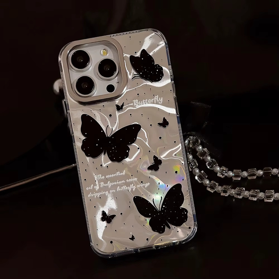 MUQGEW Stoßfeste iPhone Schutzhülle mit Schmetterlings-Wasserwellen-Design und Umhängeband in Schwarz und Transparent für iPhone 16 15 14 Plus 13 12 Pro Max - Bild 2