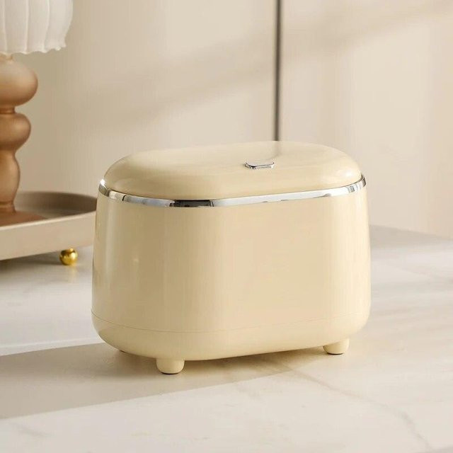 Mini Desktop Mülleimer mit Deckel von Happypilot, Presse-Typ, Beige, B: 12,0 cm, T: 14,0 cm, H: 14,0 cm - Bild 1