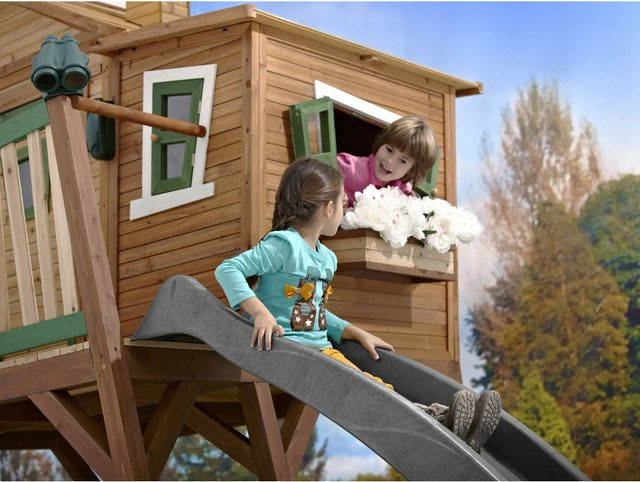 Axi Max Spielhaus aus Hemlock- und Zypressenholz in Braun und Grün mit grauer Rutsche und Sandkasten, H x B x T: 193 x 432 x 288 cm - Bild 1
