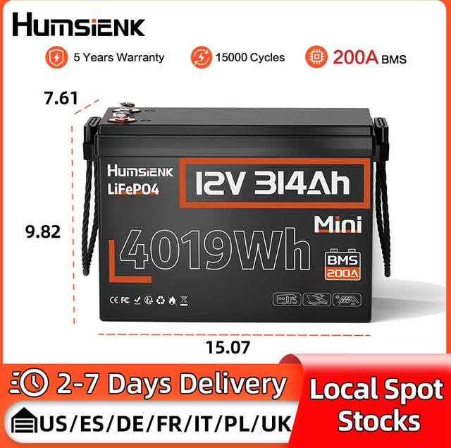 HumsiENK 12V 314Ah LiFePO4 Lithium-Batterie mit 200A BMS in Schwarz - Bild 1