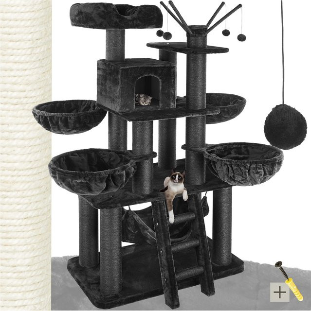 tectake Kratzbaum Schwarz mit Spielzeug und Hängematte, H x B x T: 195 x 79 x 57,2 cm - Bild 1
