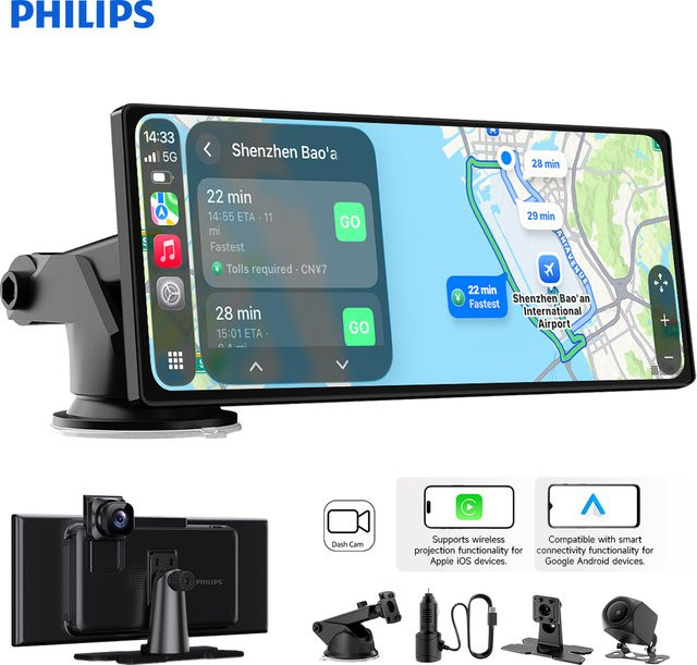 Philips Smart Dashcam mit 10,25 Zoll Display, kompatibel mit Wireless CarPlay und Android Auto, Schwarz, mit Schleifenaufnahme und eingebautem Lautsprecher - Bild 1