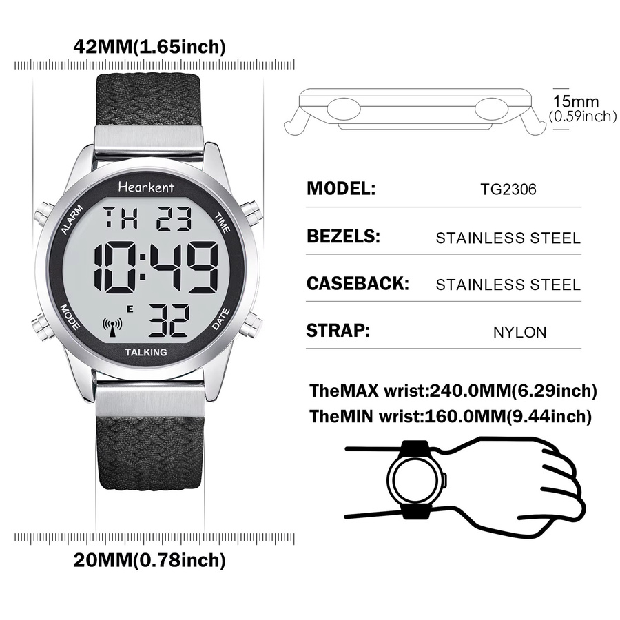 Hearkent Digitaluhr, Herren, Edelstahl, Textil/NATO, Schwarz, Silber - Bild 4