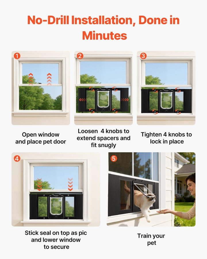 Buying Solutions MB Katzenfensterklappe mit Aluminiumrahmen und Glas in Schwarz, verstellbar für Fensterbreiten 686-813 mm, mit Magnetverschluss und 4 Verriegelungsmodi - Bild 7