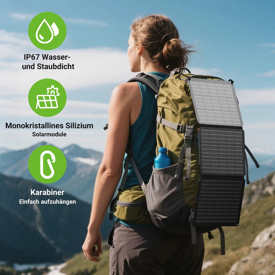 LIONSHEE Tragbares Solarpanel 30W Faltbares Solarladegerät mit IP67 Wasserschutz in Schwarz für Smartphones, Tablets und Powerstations - Bild 2