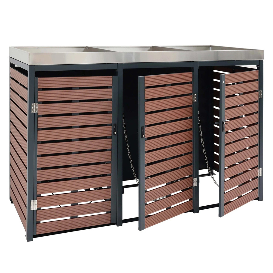 MCW 3er Mülltonnenverkleidung K14 mit Pflanzkasten aus WPC und Edelstahl in Walnuss-Holzoptik, B/T/H: 200 x 124 x 84 cm - Bild 2