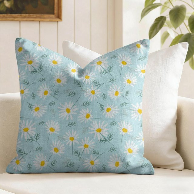 HWX Kissenbezug mit Gänseblümchen-Muster in Blau, doppelseitig bedruckter Leinen-Look für Sofa und Heimdeko, B/T: 40 x 40 cm - Bild 1