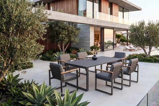 OUTFLEXX Bocas Garten-Essgruppe aus Aluminium und Teakholz in Mattgrau mit Ausziehtisch und 6 Sesseln - Bild 1