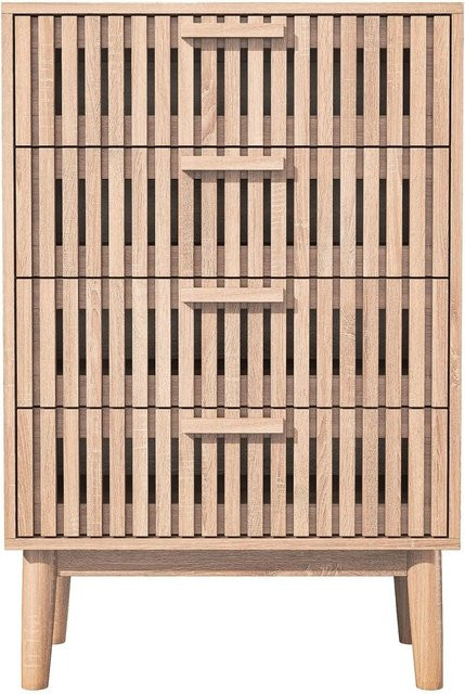 PXloue Schubladenschrank Kommode mit 4 Schubladen aus Holz und Rattan in Naturholzfarbe Braun, B/T/H: 60 x 34 x 91 cm - Bild 1