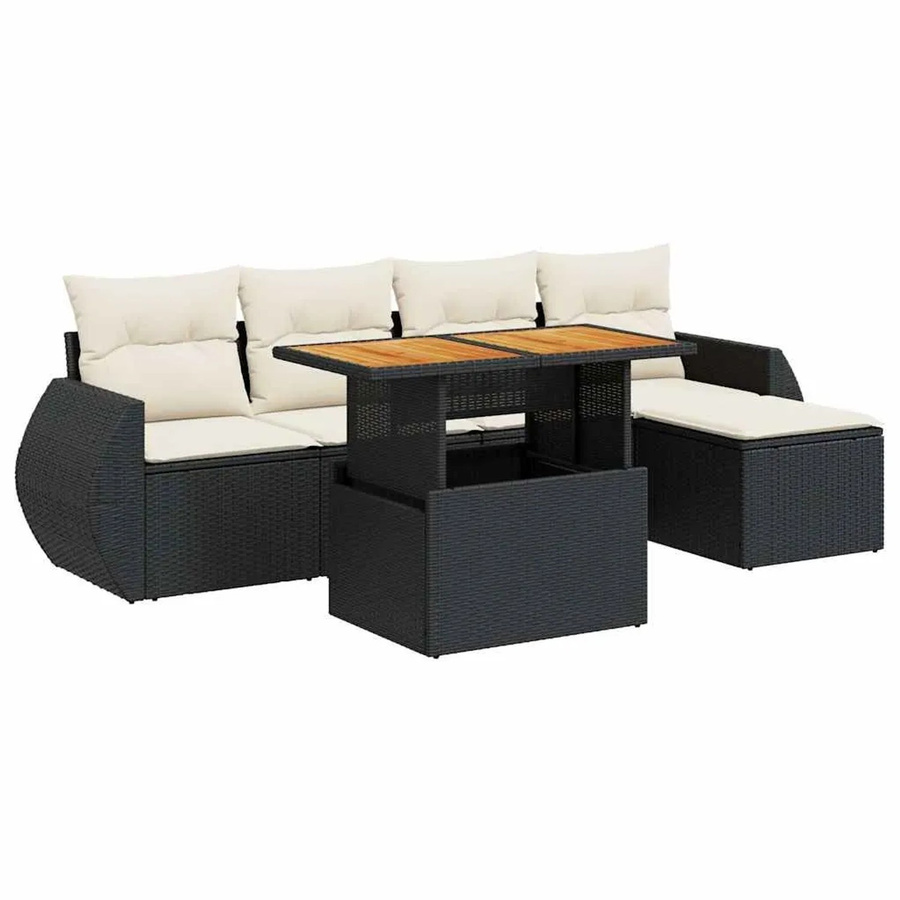 vidaXL 6-teilige Garten-Sofagarnitur aus Poly-Rattan und Akazienholz in Schwarz-Creme mit Kissen - Bild 2
