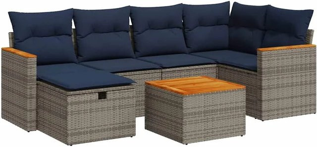 vidaXL 7-teilige Garten-Sofagarnitur aus Poly-Rattan und Akazienholz in Grau mit Kissen - Bild 1