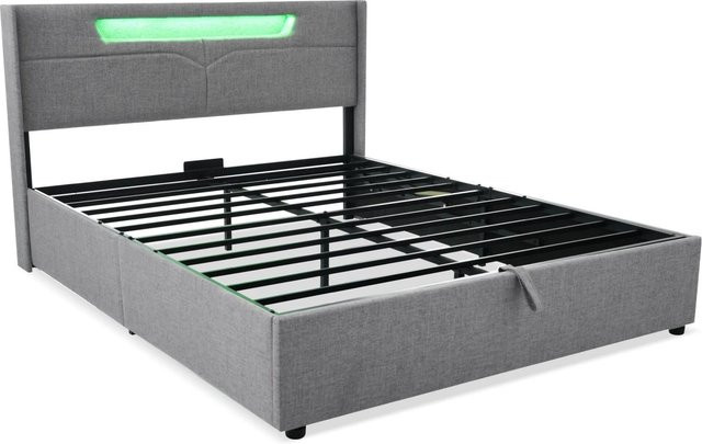 Merax Polsterbett in Grau mit LED-Unterbettbeleuchtung und USB-C Ladestation, B/T: 160 x 200 cm - Bild 1