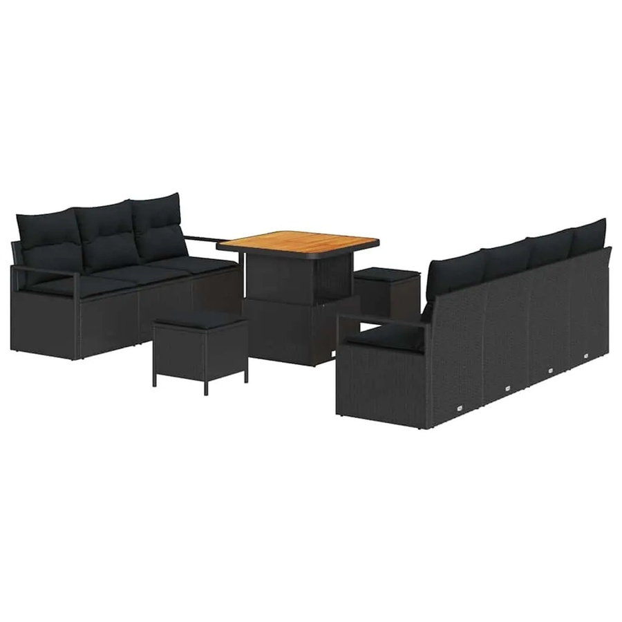 vidaXL Garten-Sofa-Set in Schwarz mit 10 Teilen inklusive Kissen, Polstersofa, Sesseln, Ottomane und Couchtisch mit integriertem Kissenstaufach - Bild 2