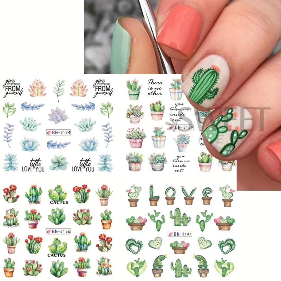 SWEET TREND Nail Art Wasseraufkleber, Grüner Kaktus, 12 Designs - Bild 2