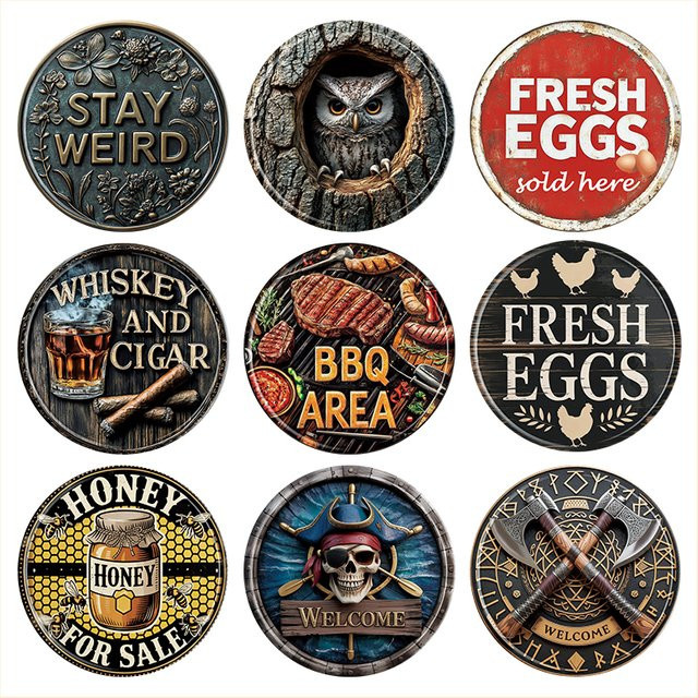 OANKR Vintage Rundes Metall-Blechschild Eule Wanddekoration für Küche und Bar Durchmesser: 20 cm - Bild 1