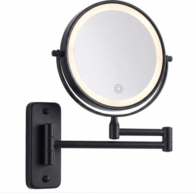 Relaxdays Kosmetikspiegel aus Metall und Glas in Schwarz mit LED-Beleuchtung, 10-fach Vergrößerung, ausziehbar und schwenkbar, B/H/T: 31 x 23 x 3,5 cm - Bild 1