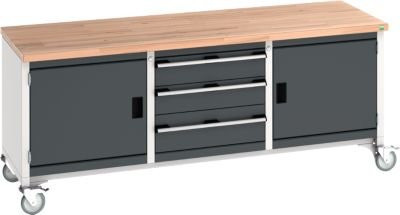 Bott Kastenwerkbank cubio aus Buche-Massiv mit 3 Schubladen und 4 Lenkrollen, anthrazit/lichtgrau, B: 200 cm, T: 75 cm, H: 84 cm - Bild 1