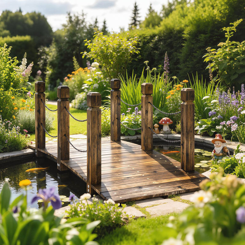 Outsunny Gartenbrücke aus Holz in Braun mit Sicherheitsgeländern und 200 kg Tragkraft, Breite: 151 cm - Bild 2