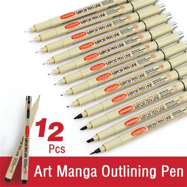 Wasserfeste Pigment-Fineliner-Stifte im 12er Set für Manga, Comic und Kalligraphie in Schwarz und Beige - Bild 1