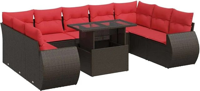 vidaXL 10-teilige Garten-Sofagarnitur in L-Form aus braunem Poly-Rattan und Akazie mit wetterfesten Kissen - Bild 1