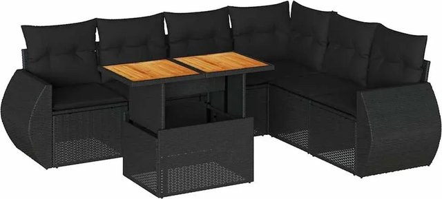 vidaXL 7-teilige Garten-Sofagarnitur in L-Form aus Polyrattan und Akazienholz mit Kissen in Schwarz - Bild 1